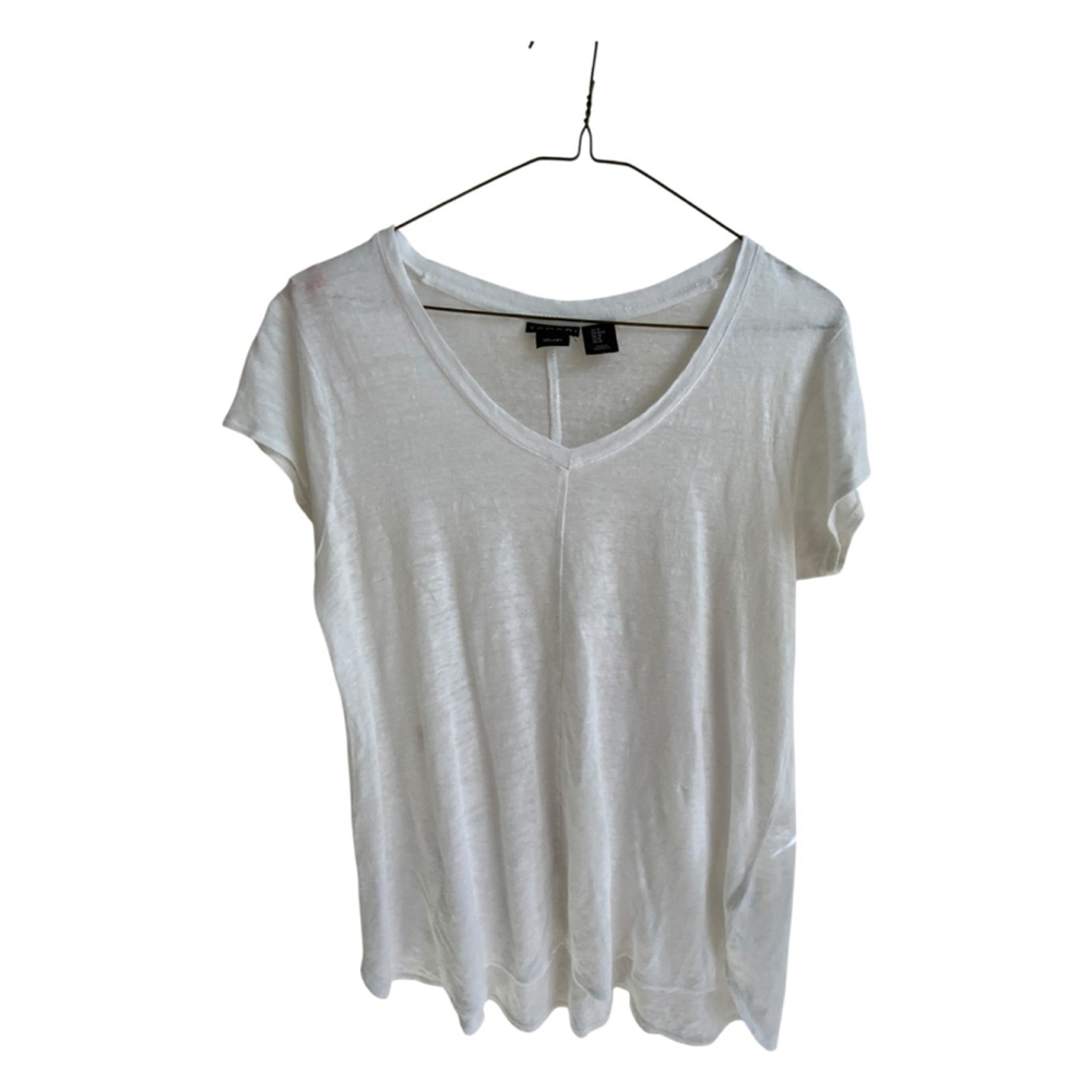 Tahari White Linen V Neck Short Sleeve Tee Size Medium